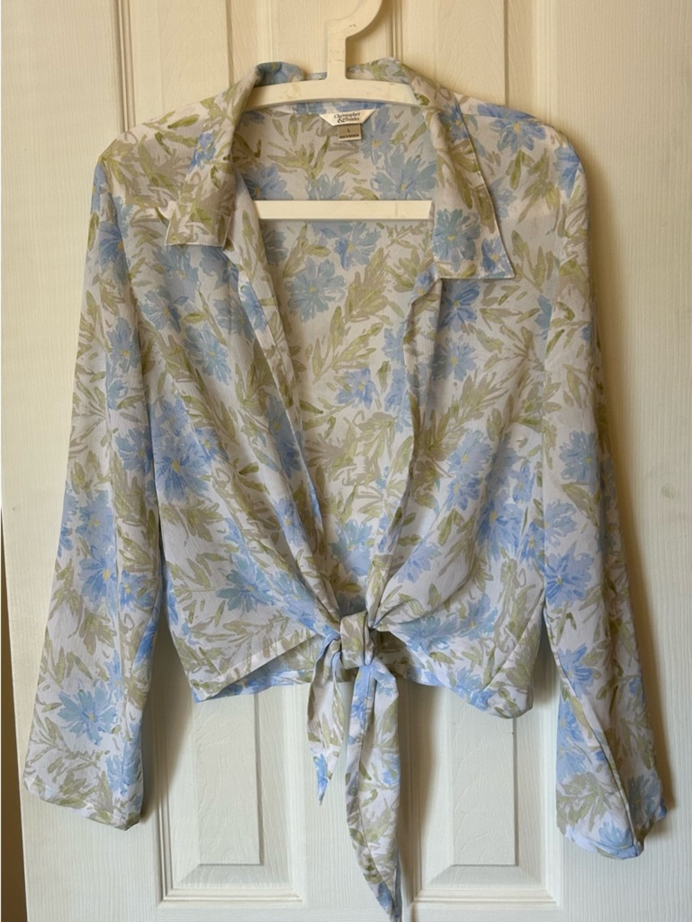 Christopher & Banks Blue and Green Floral Sheer Tie-Front Button Down